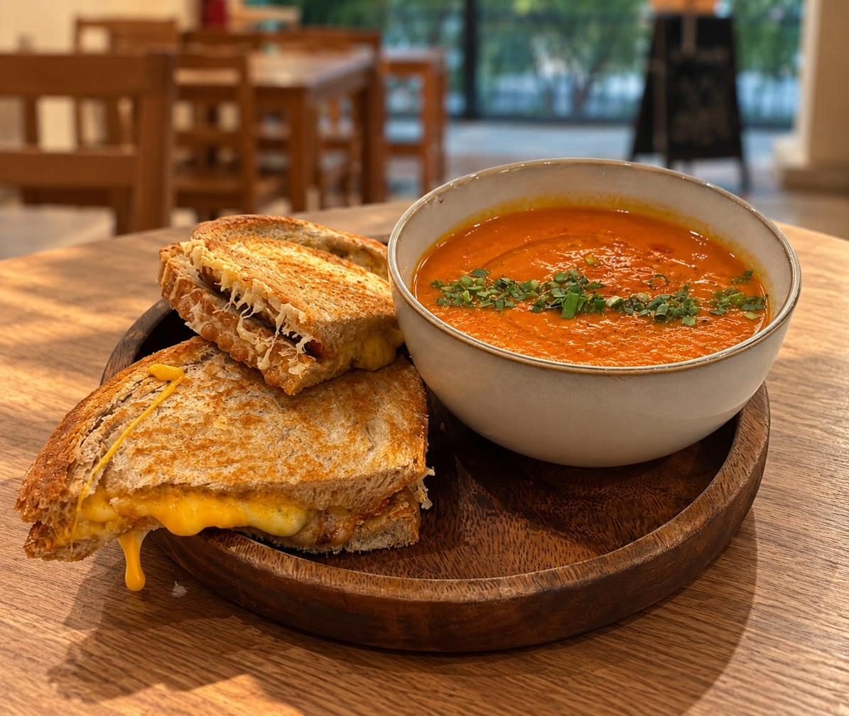 Grilled cheese sandwich halves with melted cheese beside a bowl of tomato soup topped with chives