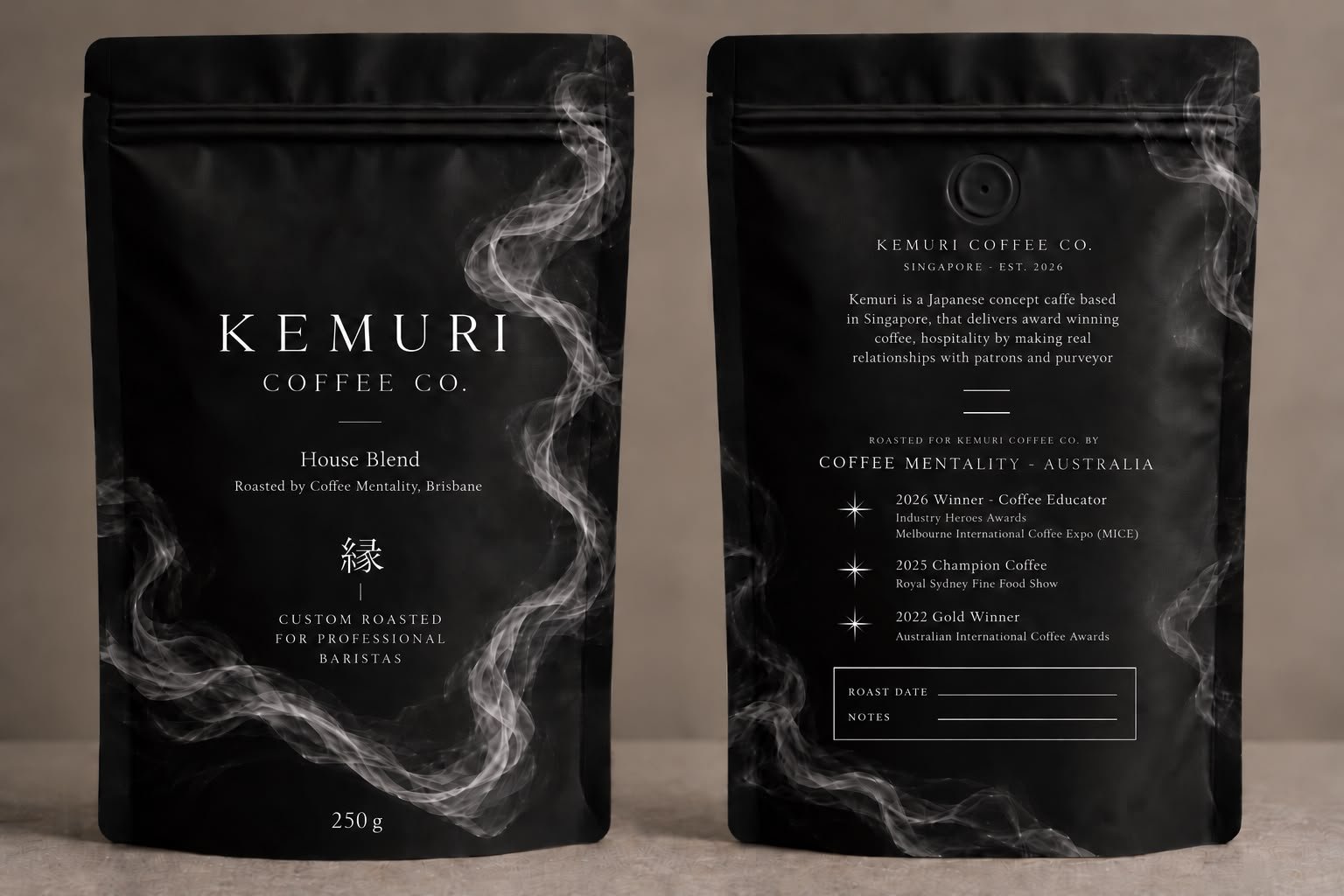 Front and back of the black Kemuri House Blend 250 g pouch, printed with white smoke and the kanji 縁